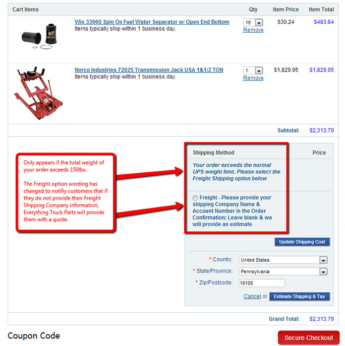 Freight option along with a custom notification