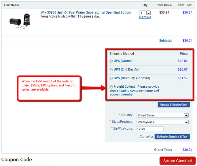 shipping estimator displaying an additional option