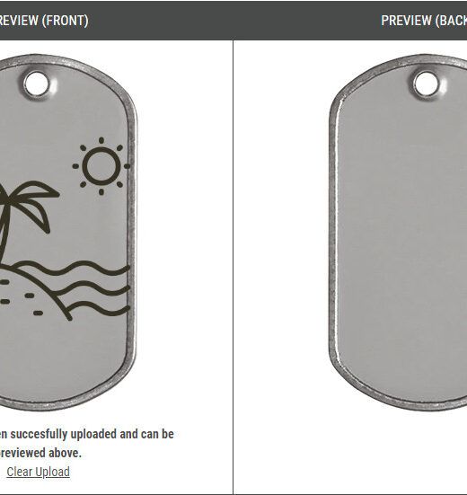 A preview of a military dog tag with a beach scene on the front. The back of the tag is blank.