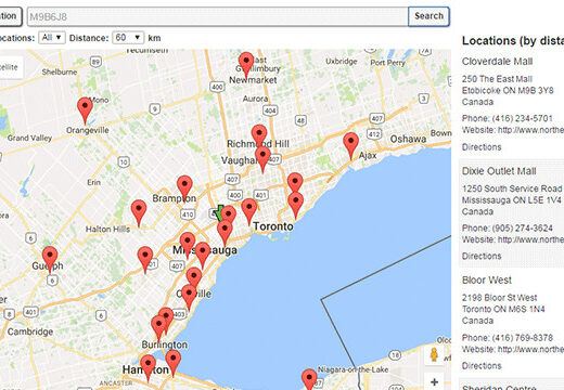 Map showing multiple store locations across the Greater Toronto Area with red markers indicating each store's position. A search bar and options to filter by distance are included.