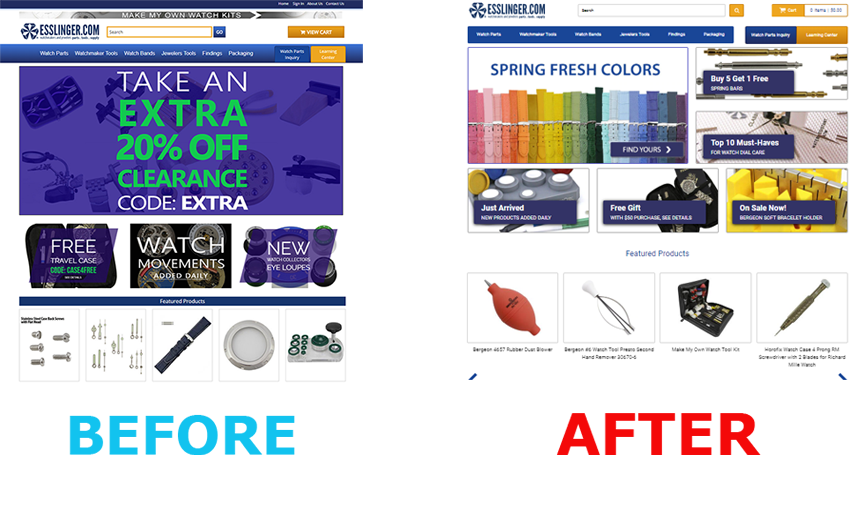 graphic of esslinger.com's before and after site design