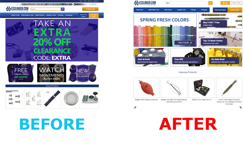 graphic of esslinger.com's before and after site design