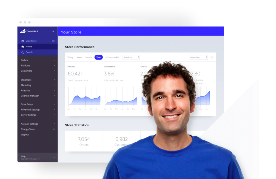 Man Smiling in Blue Shirt Against Background showing BigCommerce merchant dashboard