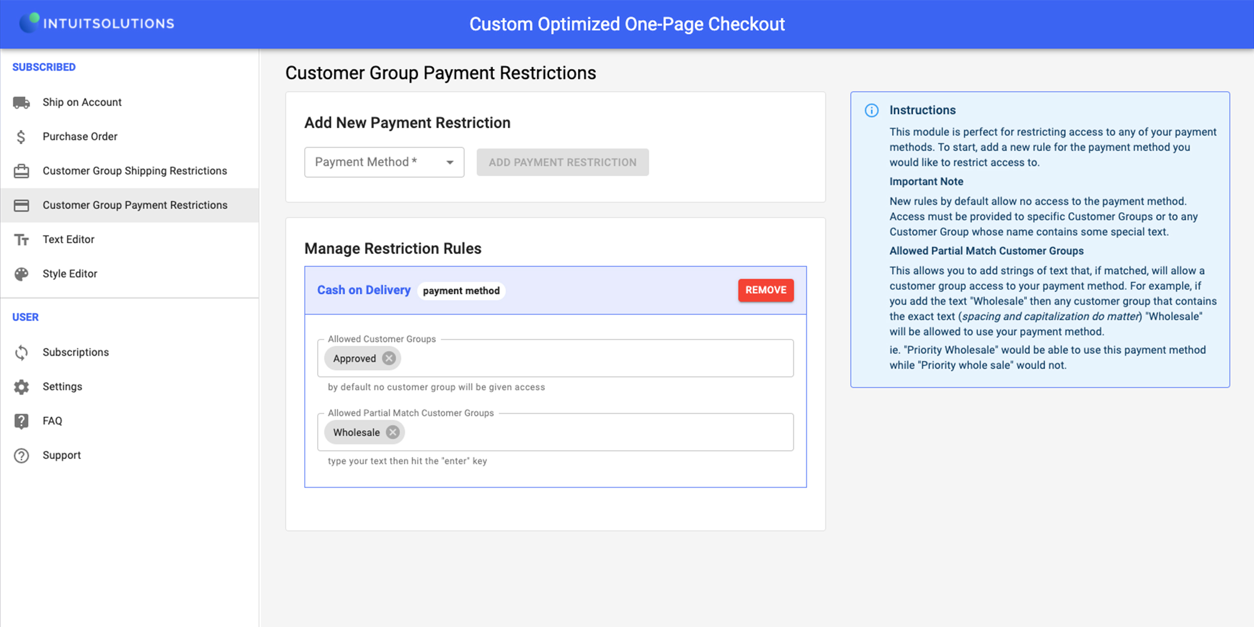 Customer Group Payment Rules configuration panel