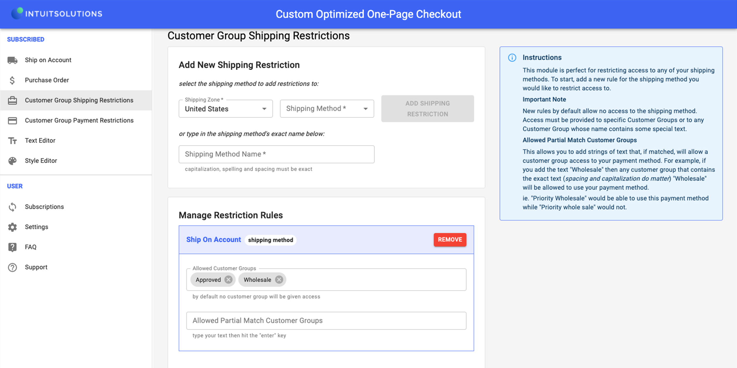 Customer Group Shipping Rules configuration panel