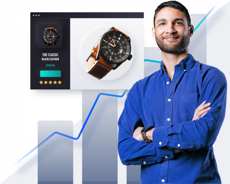 Ecommerce Concept - Man folding arms in front of growth chart background with product page mockup