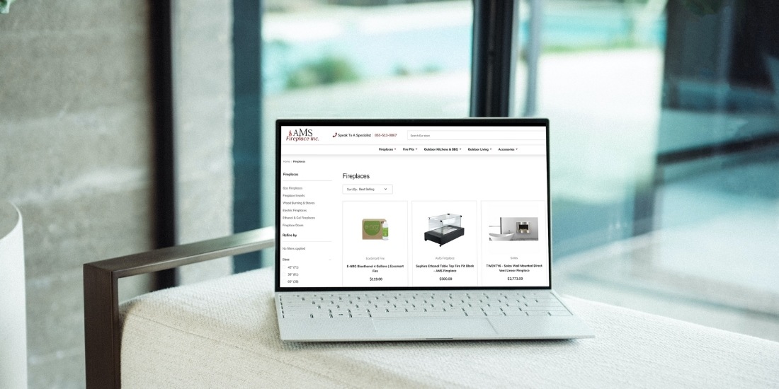 AMSFireplace.com Mockup on Laptop