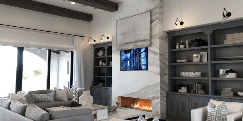 Modern Living Room with White Marble Fireplace
