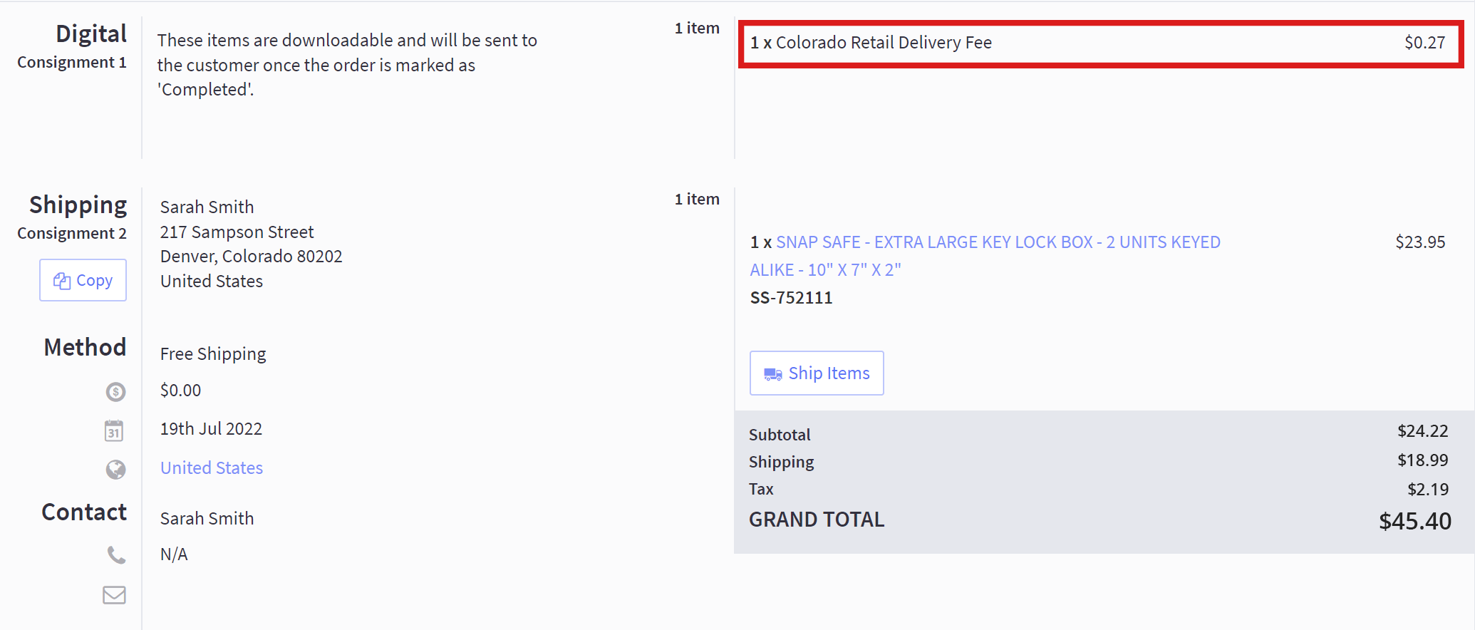 Cart details showing total and separate line item for delivery fee
