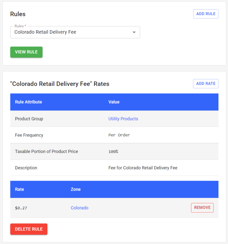 Colorado delivery fee rule configuration screen in backoffice setup
