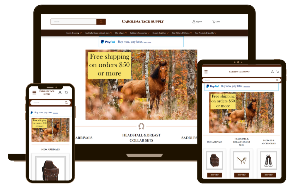 CarolinaTackSupply.com Homepage Mockup on Desktop, Tablet, and Mobile