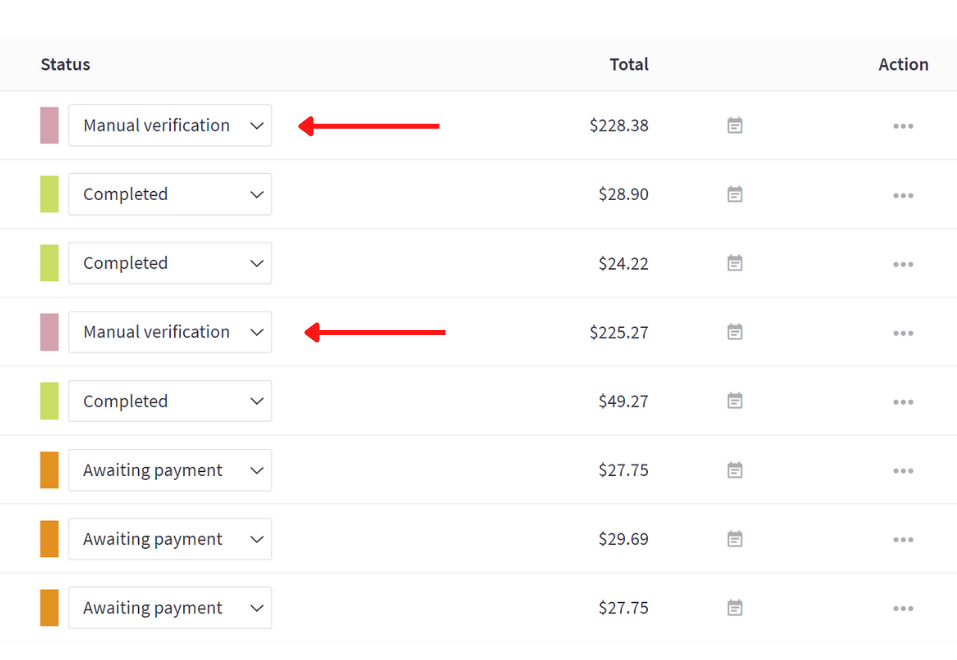 manual verification status showing in order dashboard