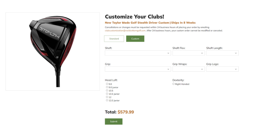 Product Customization View of Golf Club - Simple Customization Options