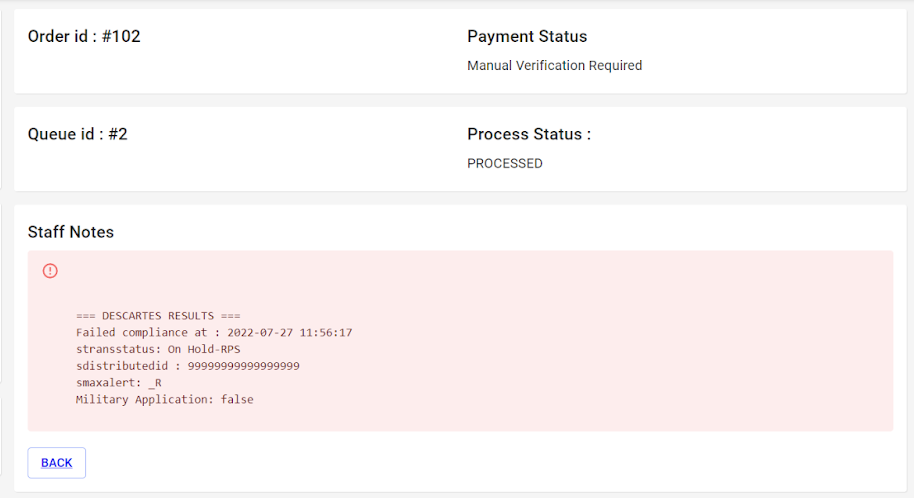 Backoffice order view in Staff Notes – compliance check failed