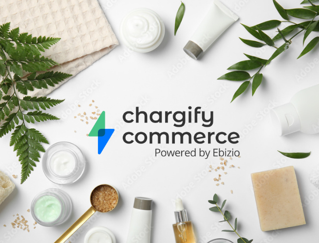 Chargify commerce logo in center of health and beauty products on white background