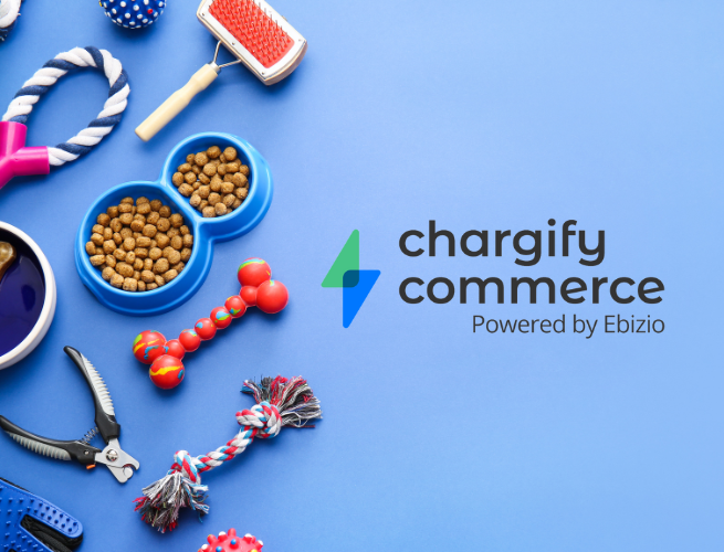Chargify Commerce Logo on top of light blue backround next to pet supplies