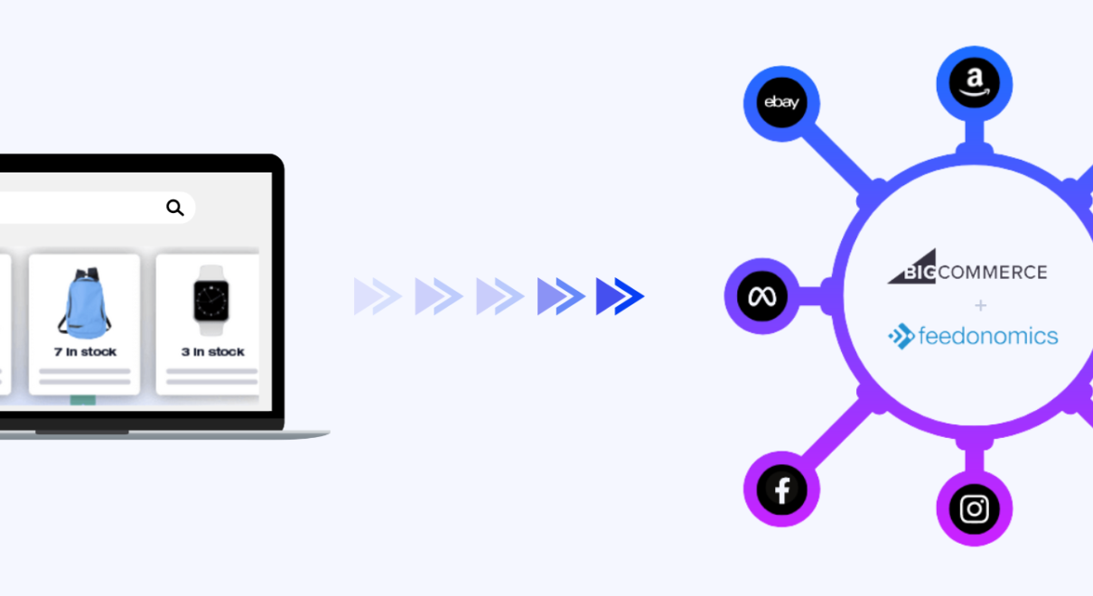 Laptop with Shopping Feed pointing to Feedonomics Marketplace Concept