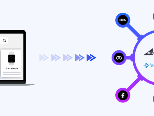 Laptop with Shopping Feed pointing to Feedonomics Marketplace Concept