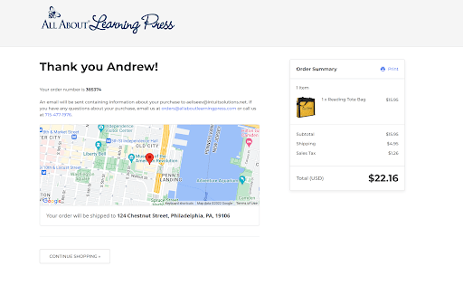 BigCommerce Order confirmation page with Google Map of shipping address on desktop