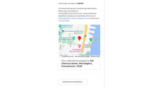 BigCommerce Order confirmation page with Google Map of shipping address on mobile
