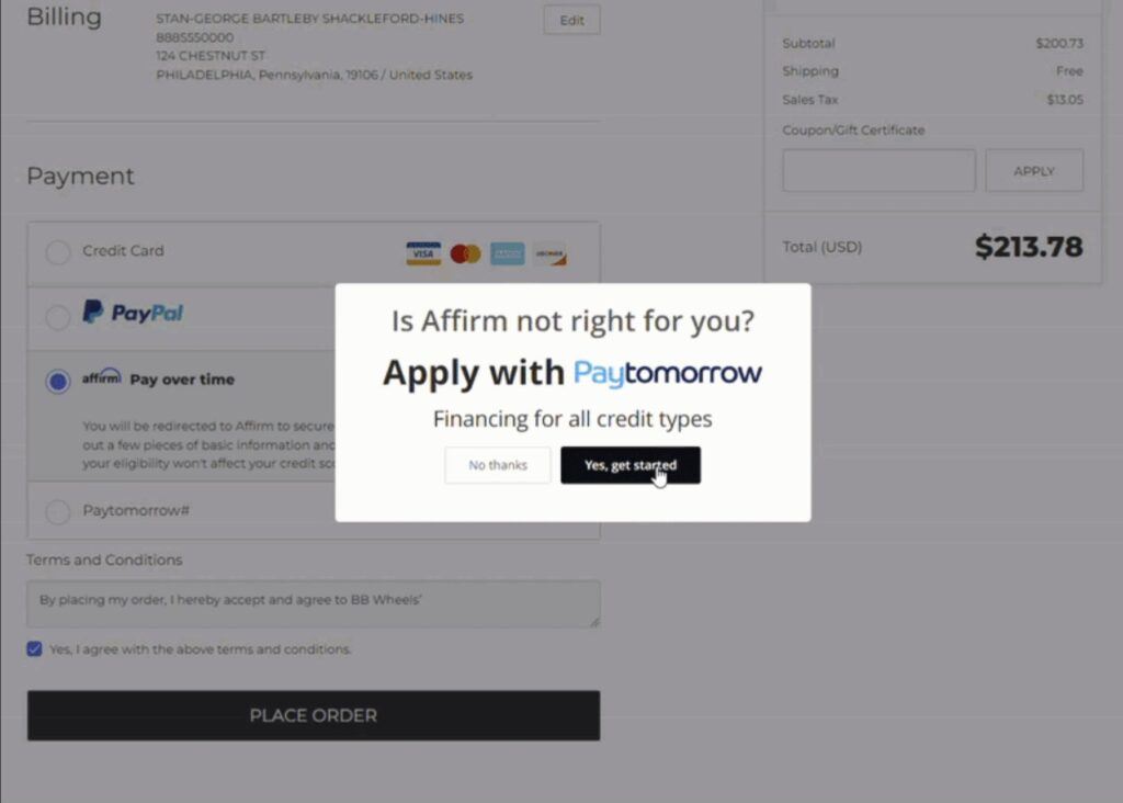 Checkout flow for Affirm financing decline and new prompt for PayTomorrow financing