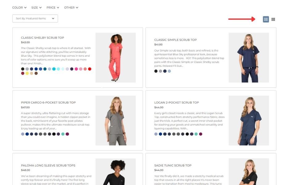 Card view and list view feature for BlueSkyScrubs.com Category page
