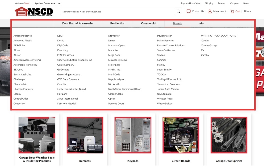 Custom Mega Menu for NorthShoreCommercialDoor.com