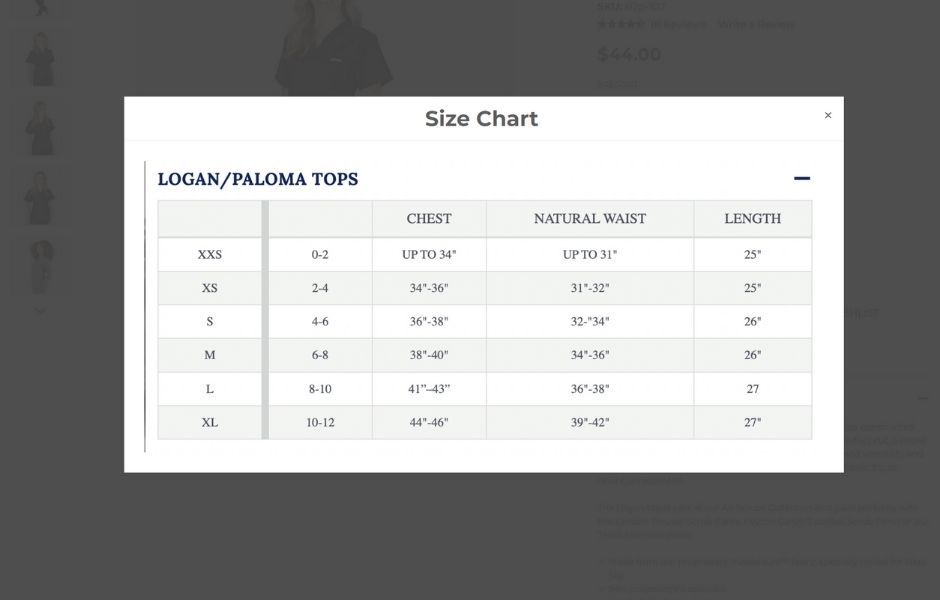 Pop-out size chart for BlueSkyScrubs.com