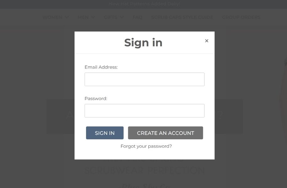 Popup Login window for BlueSkyScrubs.com