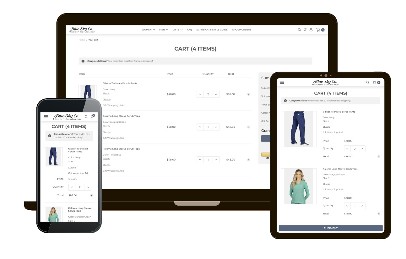 Bluskyscrubs.com cart page mockup on multiple devices