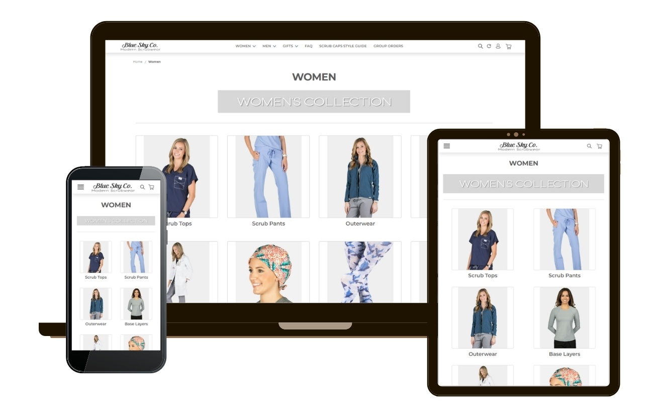 Bluskyscrubs.com category page mockup on multiple devices