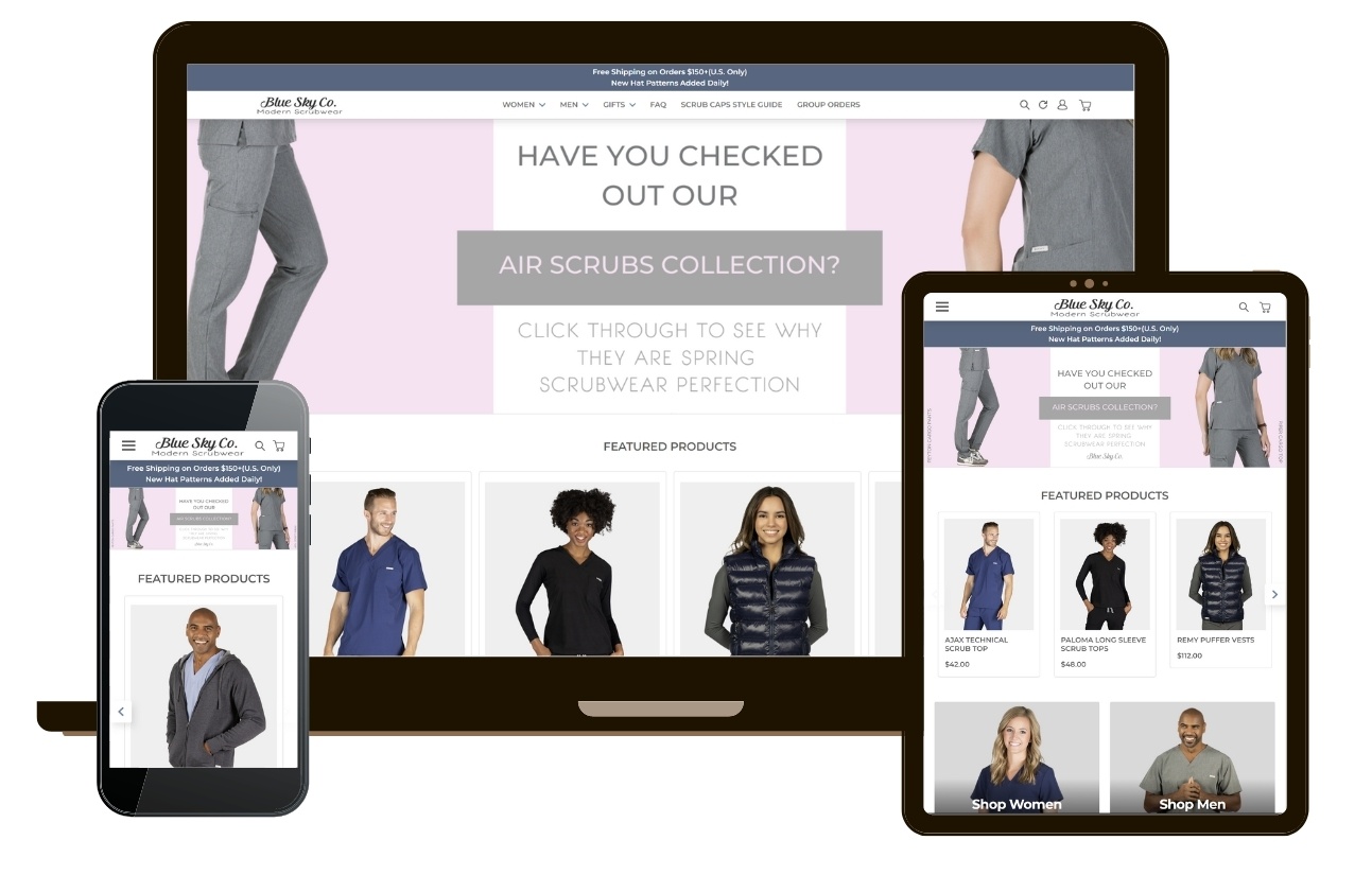Bluskyscrubs.com homepage mockup on multiple devices