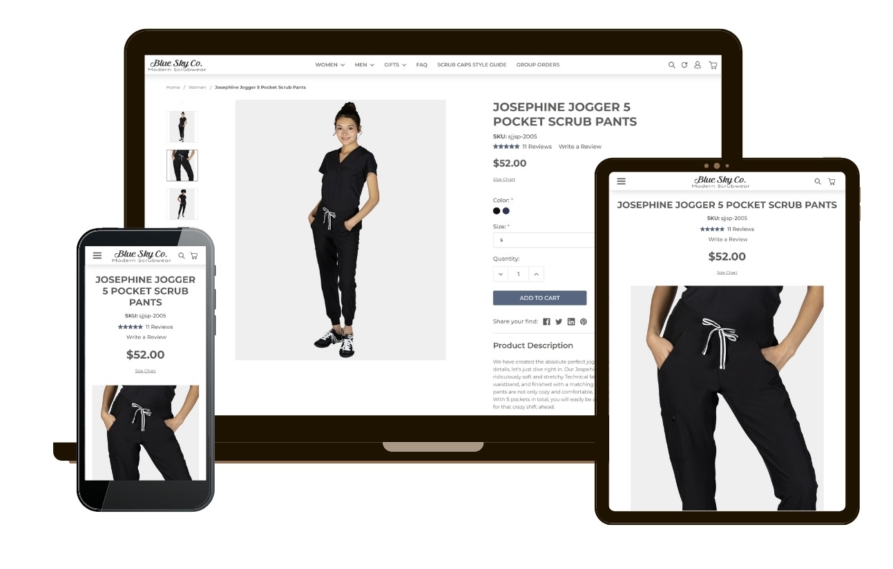 Bluskyscrubs.com product page mockup on multiple devices