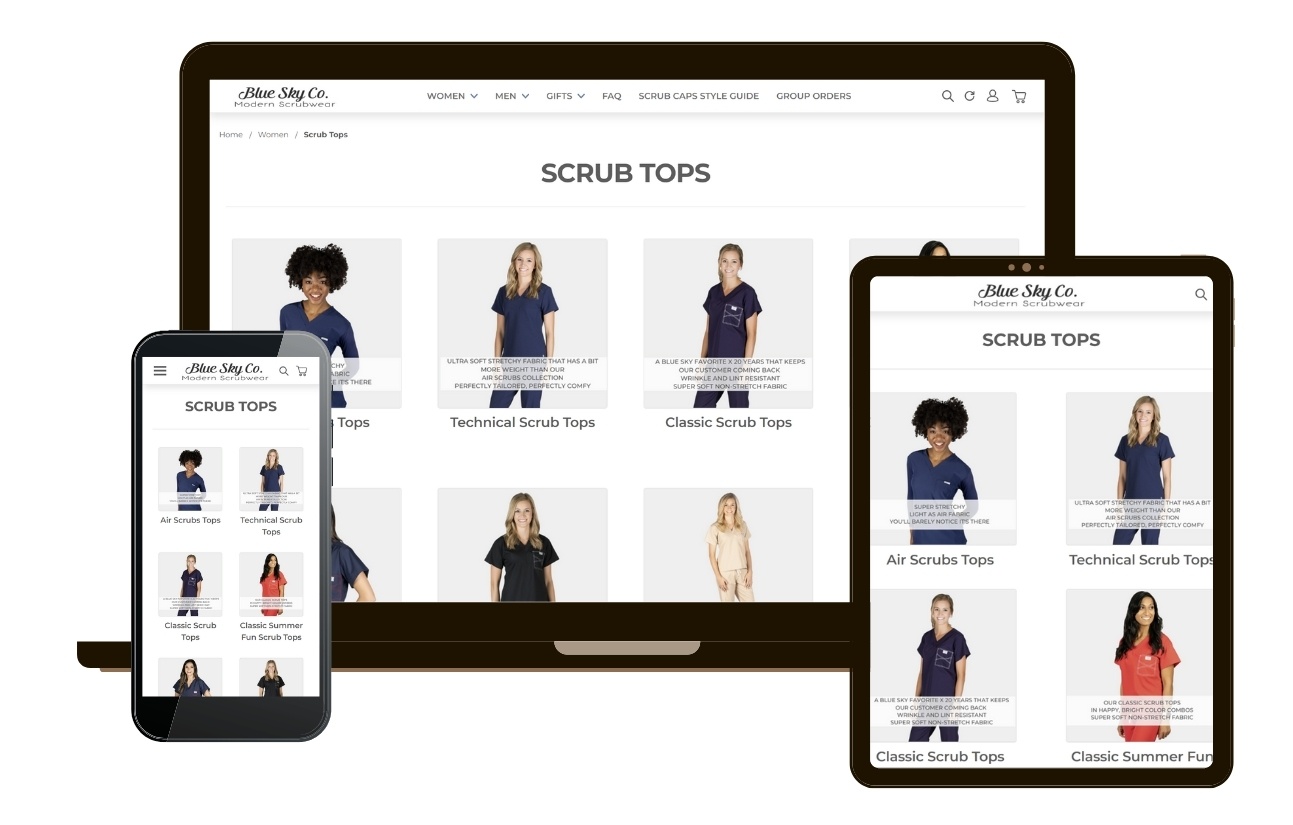 Bluskyscrubs.com subcategory page mockup on multiple devices