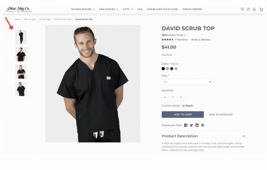 Previewing showing Product Thumbnail Options Swap on BigCommerce site - model wearing black scrubs