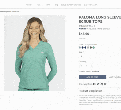 Previewing showing Product Thumbnail Options Swap on BigCommerce site - model wearing green scrubs