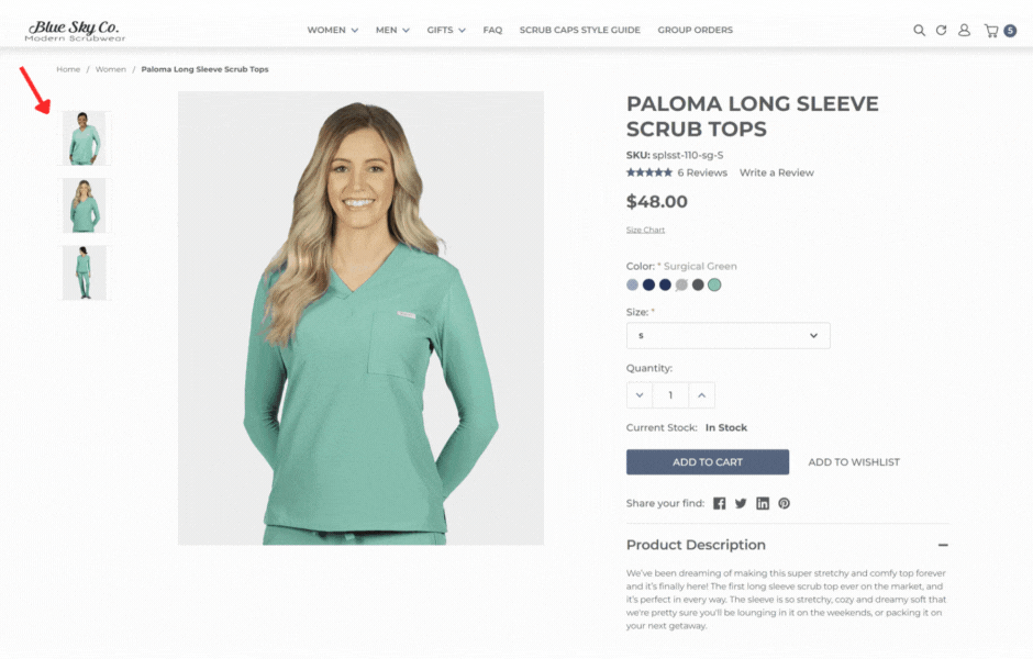 Previewing showing Product Thumbnail Options Swap on BigCommerce site - model wearing green scrubs