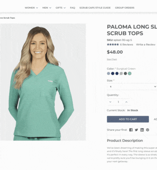 Previewing showing Product Thumbnail Options Swap on BigCommerce site - model wearing green scrubs
