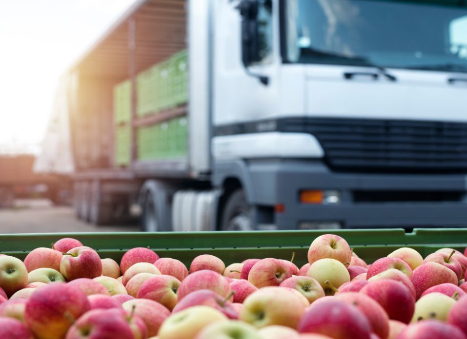 truck loaded for shipment next to apples