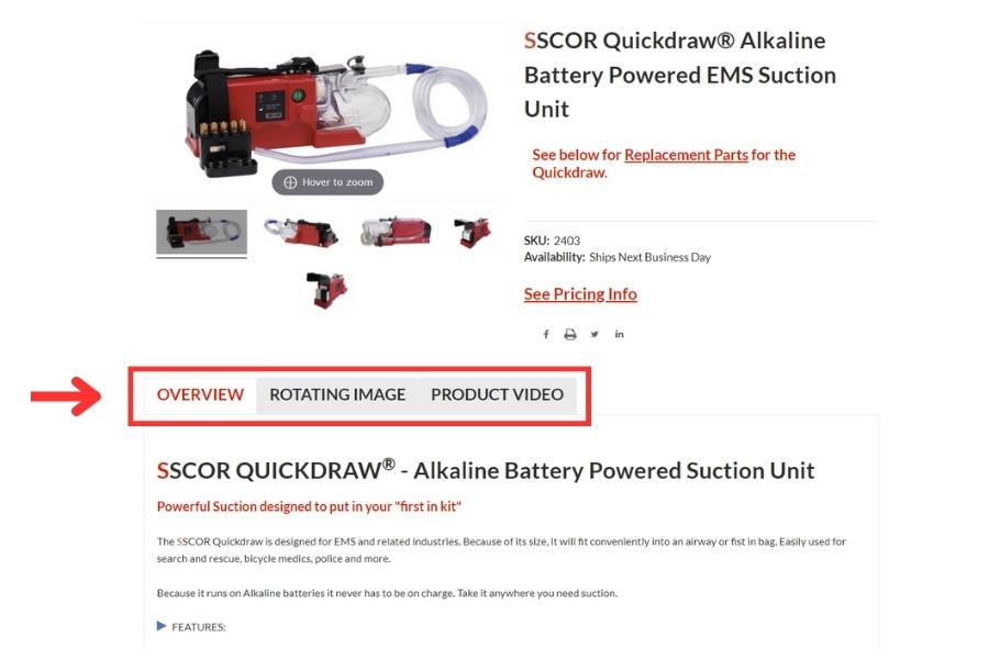 Product Page showing Overview, Rotating Image, and Product Video tabs