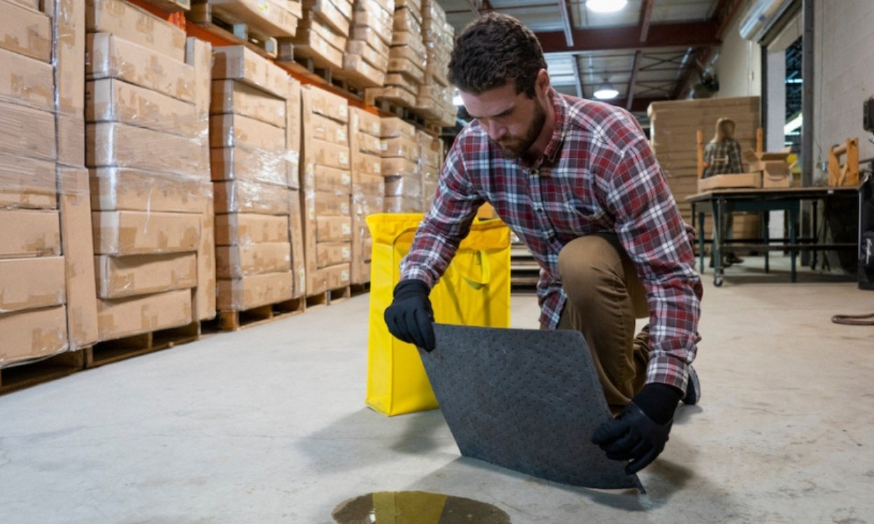 Man cleaning up spill industrial setting