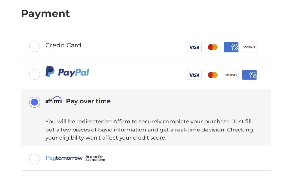 Affirm and Paytomorrow sections in checkout