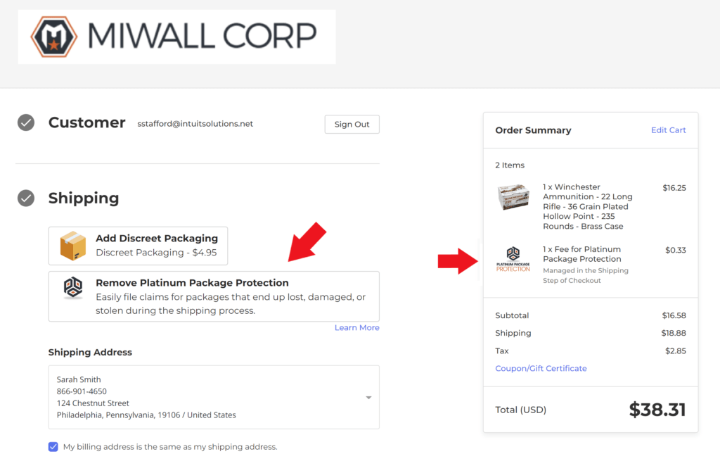 View of checkout with shipping protection fee - able to toggle on and off