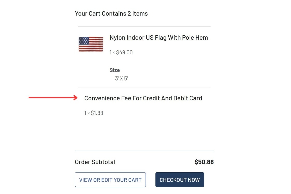 Custom message example for credit card fee