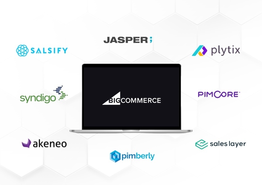 PIM logos around BigCommerce on Laptop