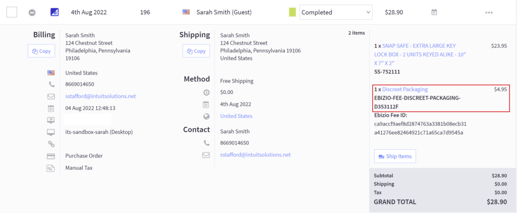 Backoffice View of Discreet Packaging Fee in Customer Order