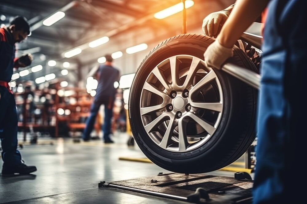 auto mechanic shop - person holding mounted wheel with mechanics working in background