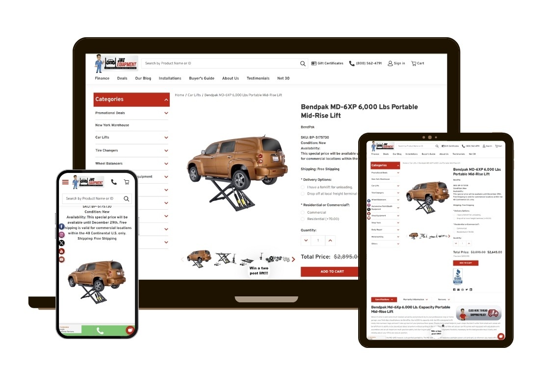 Product page responsive mockup for JMCAutomotiveEquipment.com