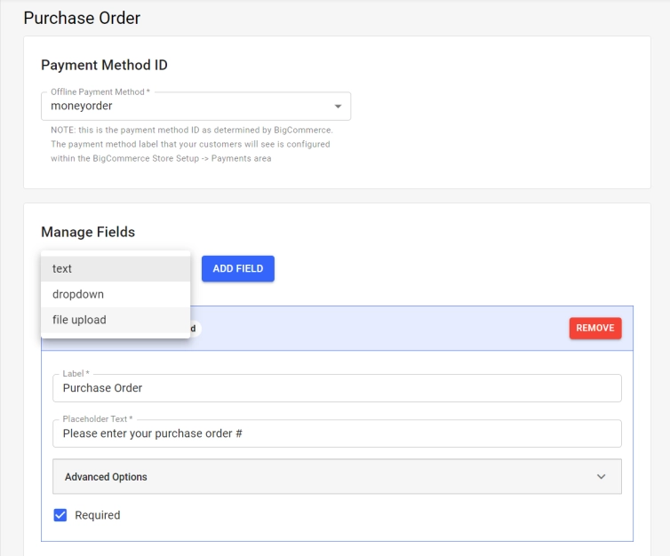 Back office view of Purchase Order Field Setup