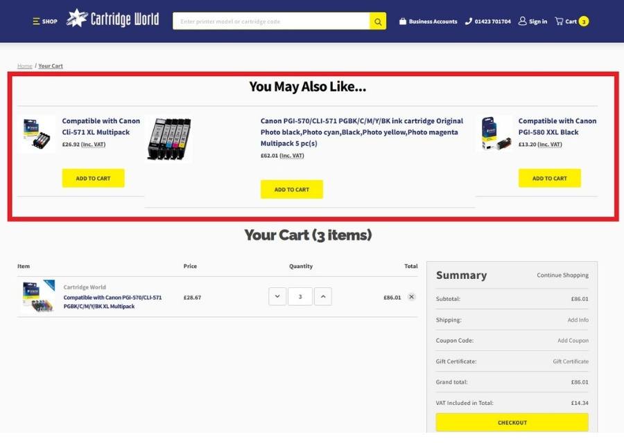 Cart Page for CartridgeWorld.co.uk showing "You May Also Like" Section at Top of Page - BigCommerce Add to Cart Upsell Add-on